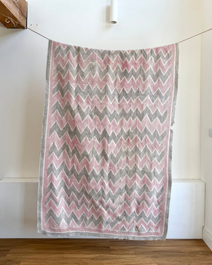 Heavy Vintage Lohori Kantha Quilt in Pink and Black Zig Zags - Biggs & Hill