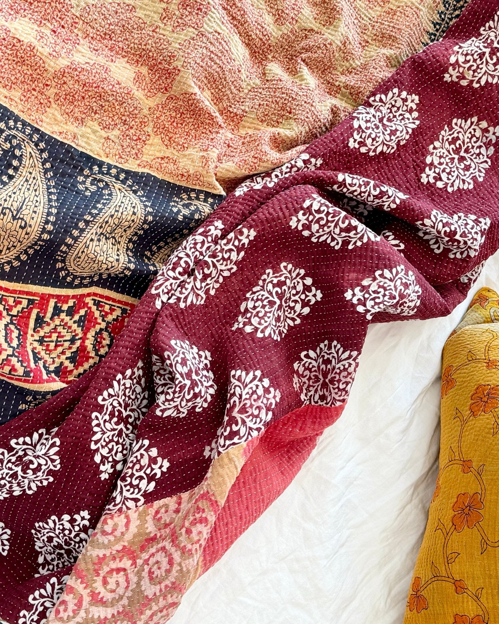 Large Fine Stitched Vintage Kantha Quilt in Pinks, Burgundy and Yelllows - Biggs & Hill