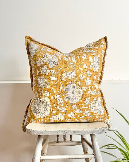 Mustard Yellow Floral Cushion, Block Printed and Hand Stitched Kantha Cotton - Biggs & Hill