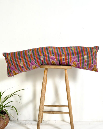 Vintage Kantha Bolster Cushion Cover In Green and Purple 30 x 100cm