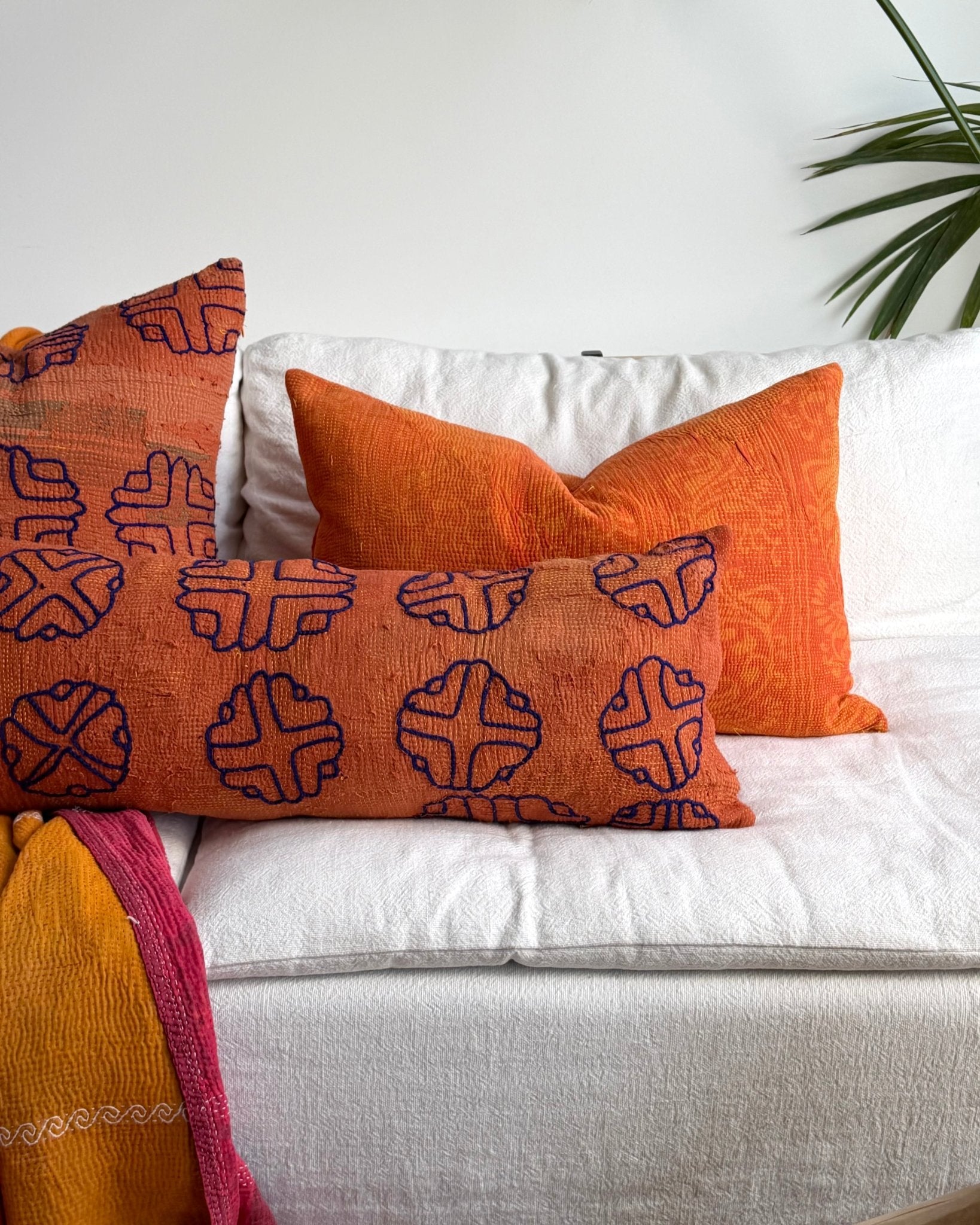 Vintage Kantha Cushion In Orange 03 - Large Rectangular - Biggs & Hill