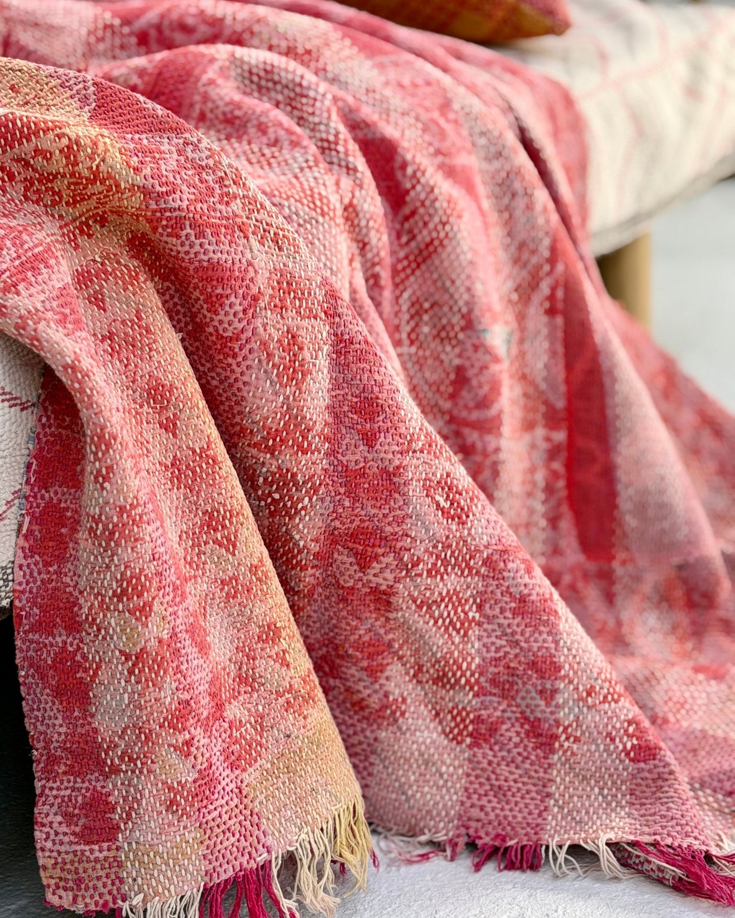 Heavy Kantha Blanket Quilt With Pink Stripes - Biggs & Hill