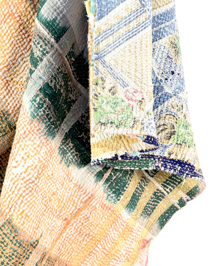 Large Textured Vintage Kantha Quilt in Pastel Pink and Blue