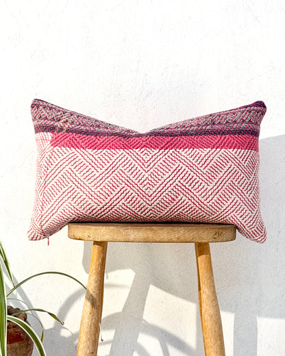 Vintage Kantha Cushion Cover In Pink and Purple - Small Rectangular
