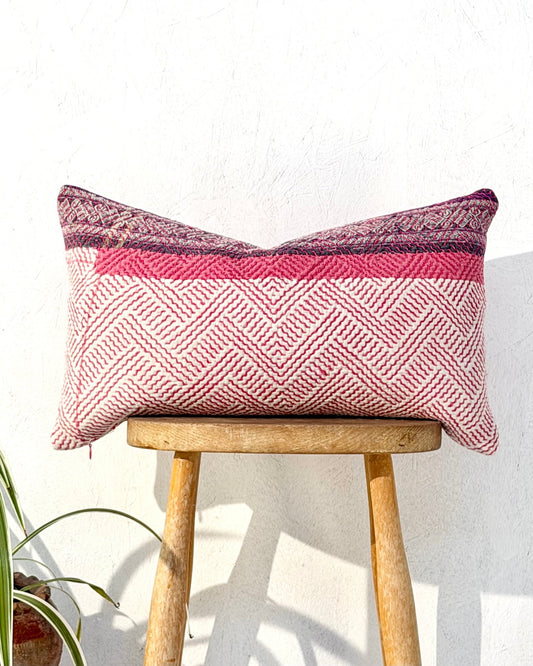 Vintage Kantha Cushion Cover In Pink and Purple - Small Rectangular - Biggs & Hill