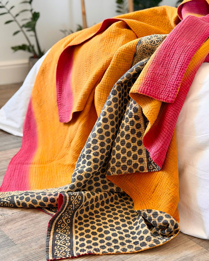 Fine Stitched Vintage Kantha Quilt in Vibrant Pink and Yellow with Dot Pattern - Biggs & Hill