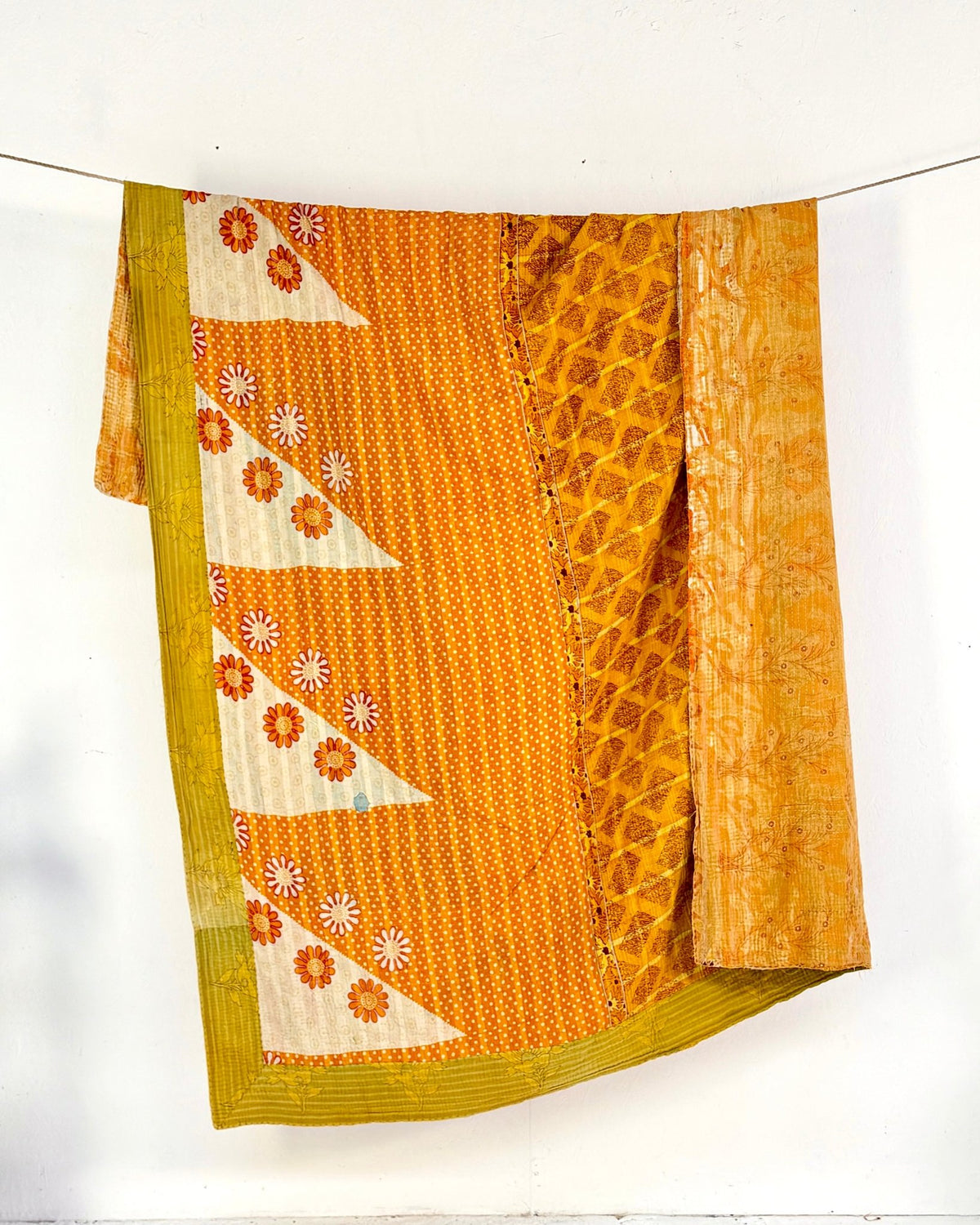 Large Fine Stitched Vintage Kantha Quilt in Yellow and Orange - Biggs & Hill