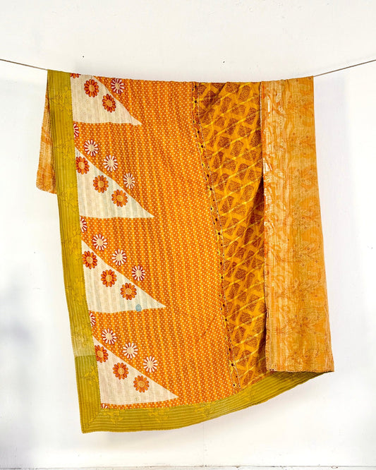 Large Fine Stitched Vintage Kantha Quilt in Yellow and Orange - Biggs & Hill