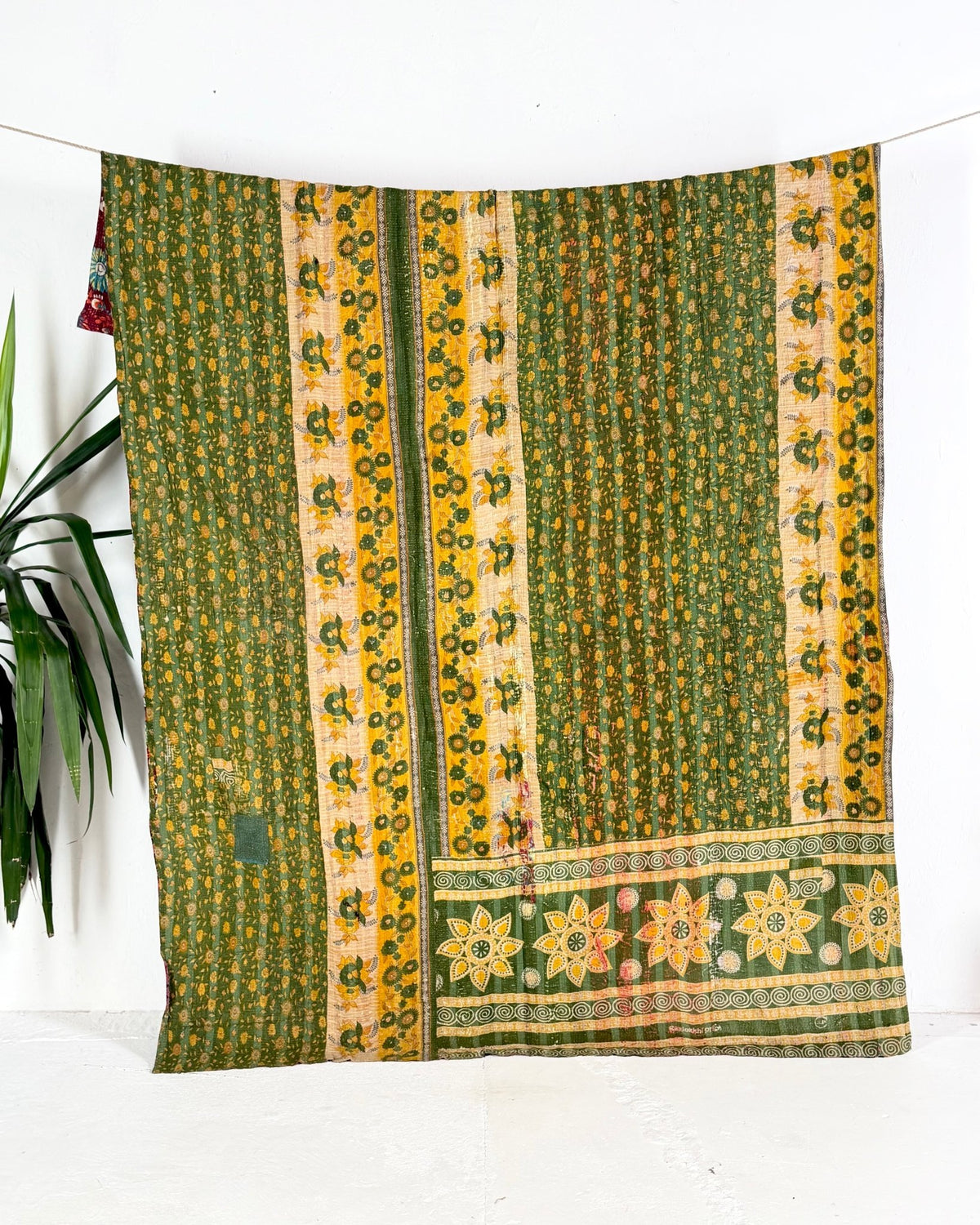 Large Fine Stitched Vintage Kantha Quilt in Bright Pink and Green - Biggs & Hill