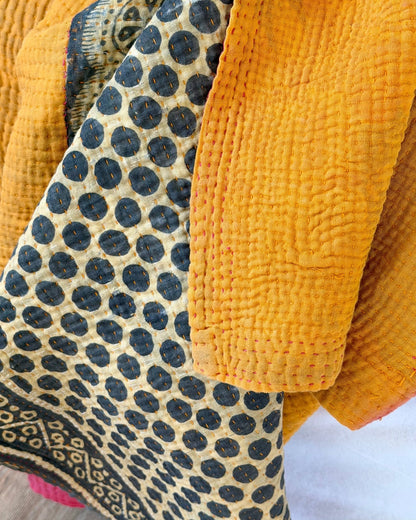 Fine Stitched Vintage Kantha Quilt in Vibrant Pink and Yellow with Dot Pattern - Biggs & Hill