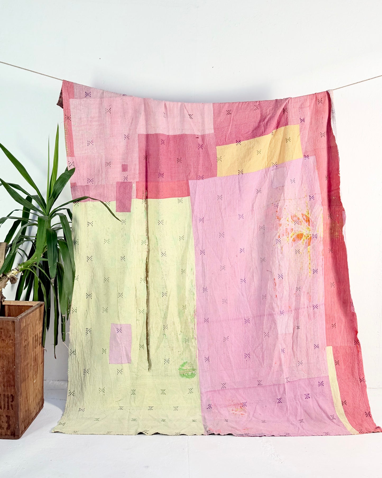 Project Kantha Quilt: Pink, Yellow and Green Patchwork With Authentic Aged Texture