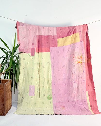 Project Kantha Quilt: Pink, Yellow and Green Patchwork With Authentic Aged Texture