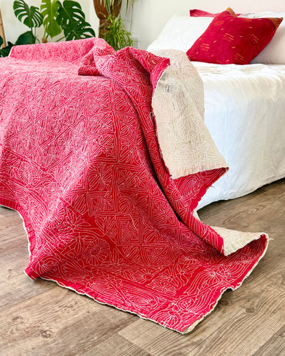 Embroidered Sujini Vintage Kantha Quilt In Red With White Embroidery