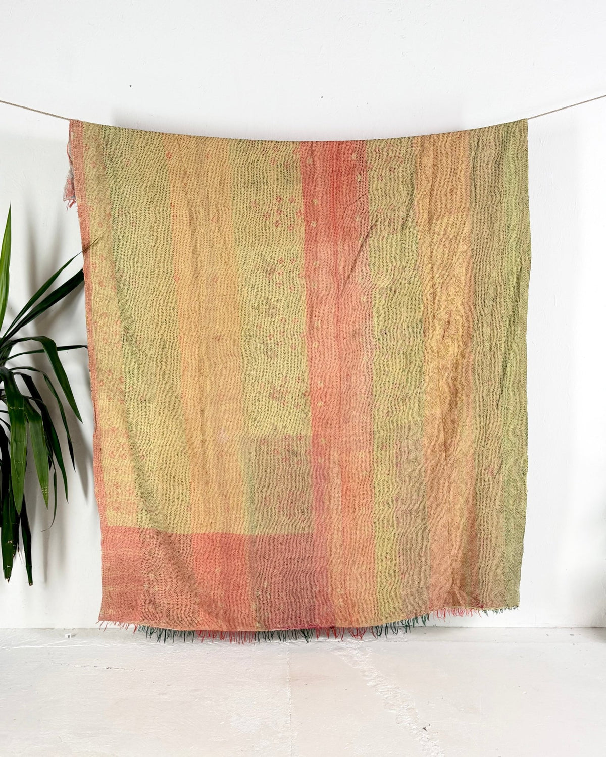 Embroidered Vintage Kantha Quilt in Peachy Pink, Yellow and White - Biggs & Hill