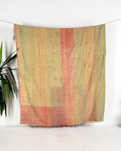 Embroidered Vintage Kantha Quilt in Peachy Pink, Yellow and White - Biggs & Hill