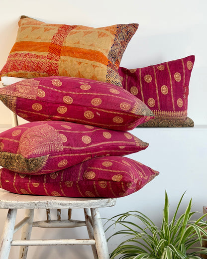 Vintage Kantha Cushion In Orange and Green - Small Rectangular