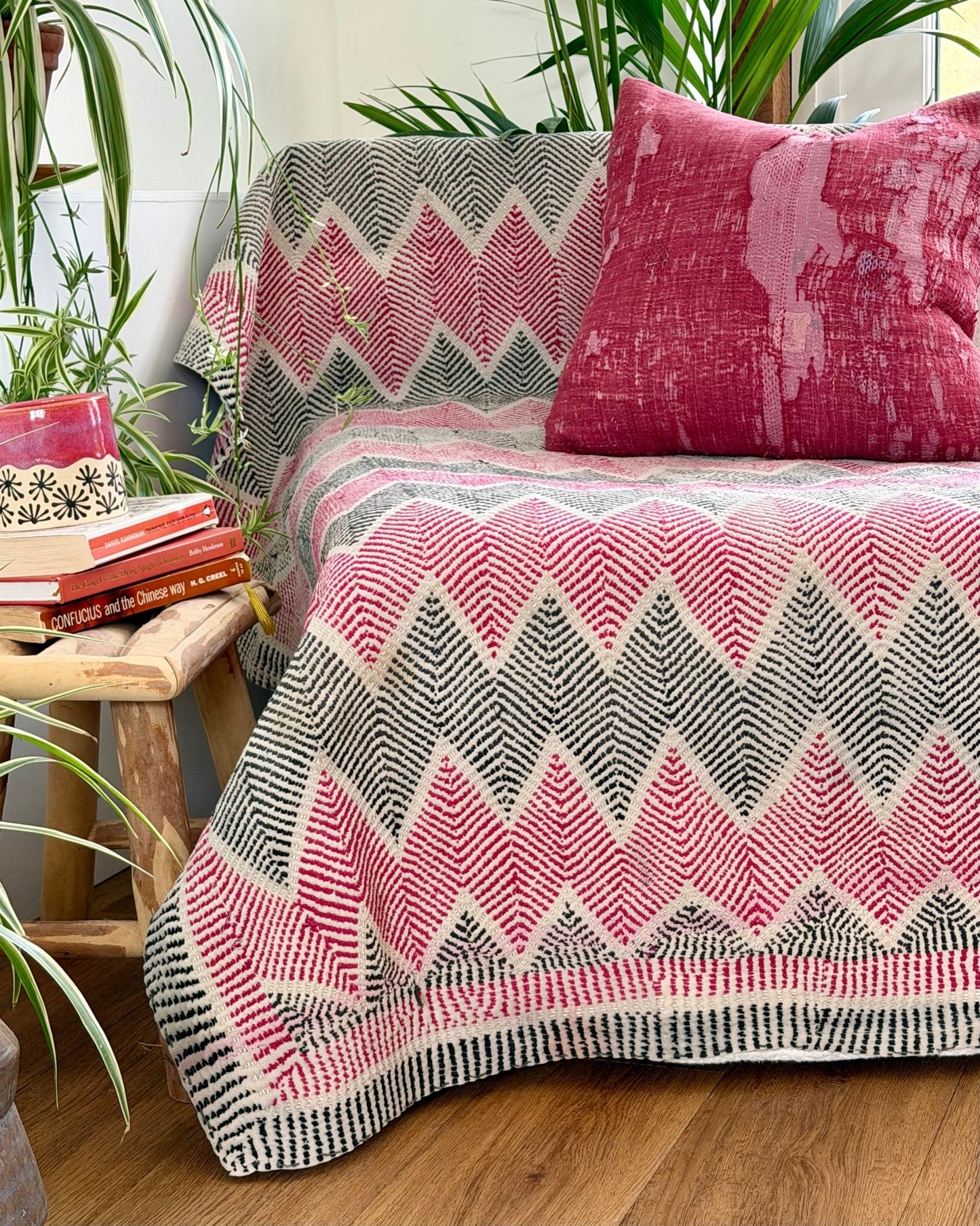 Heavy Vintage Lohori Kantha Quilt in Deep Pink and Black Zig Zags - Biggs & Hill