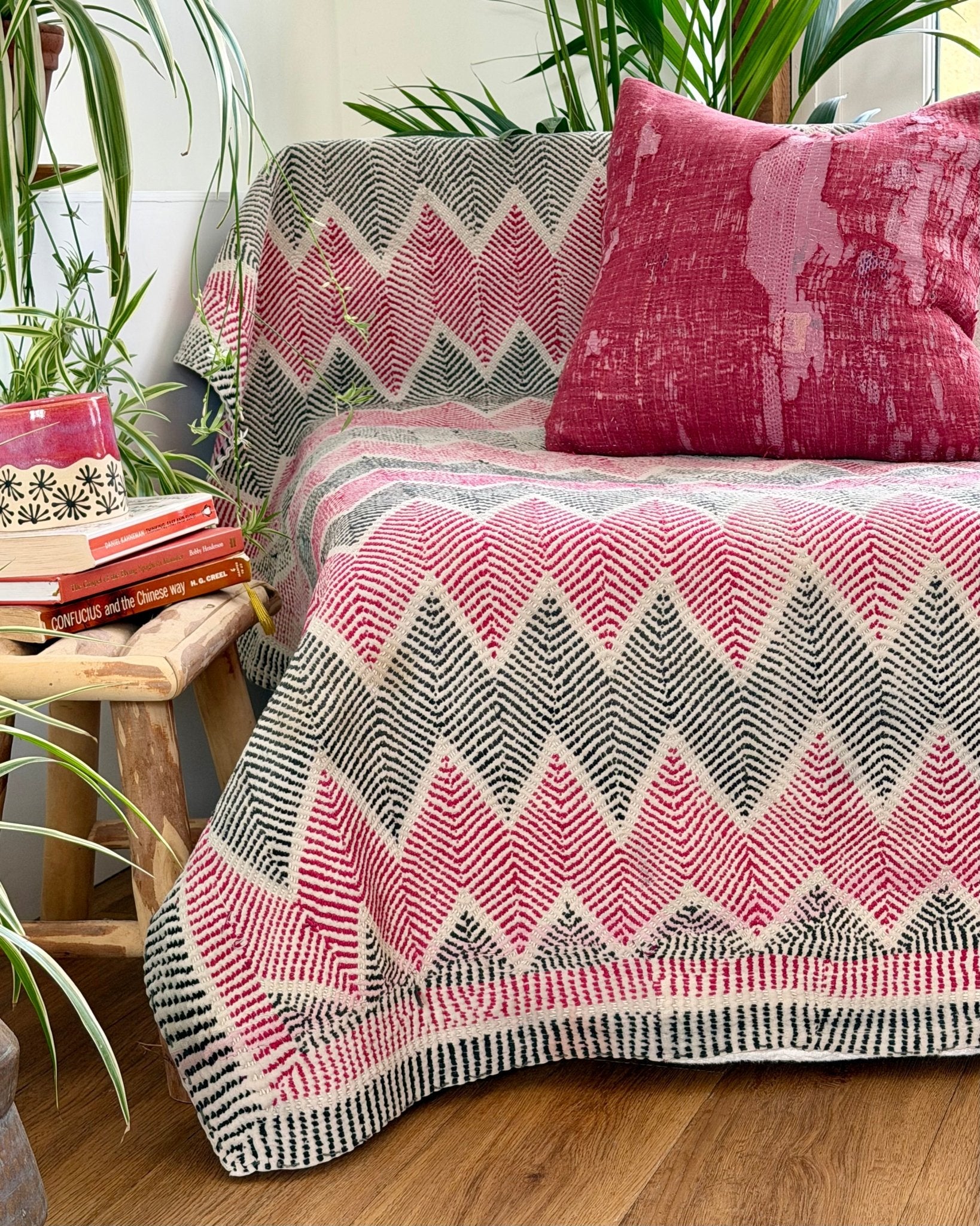 Heavy Vintage Lohori Kantha Quilt in Deep Pink and Black Zig Zags - Biggs & Hill