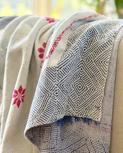 Star Embroidered Vintage Kantha Quilt in White and Pink - Biggs & Hill