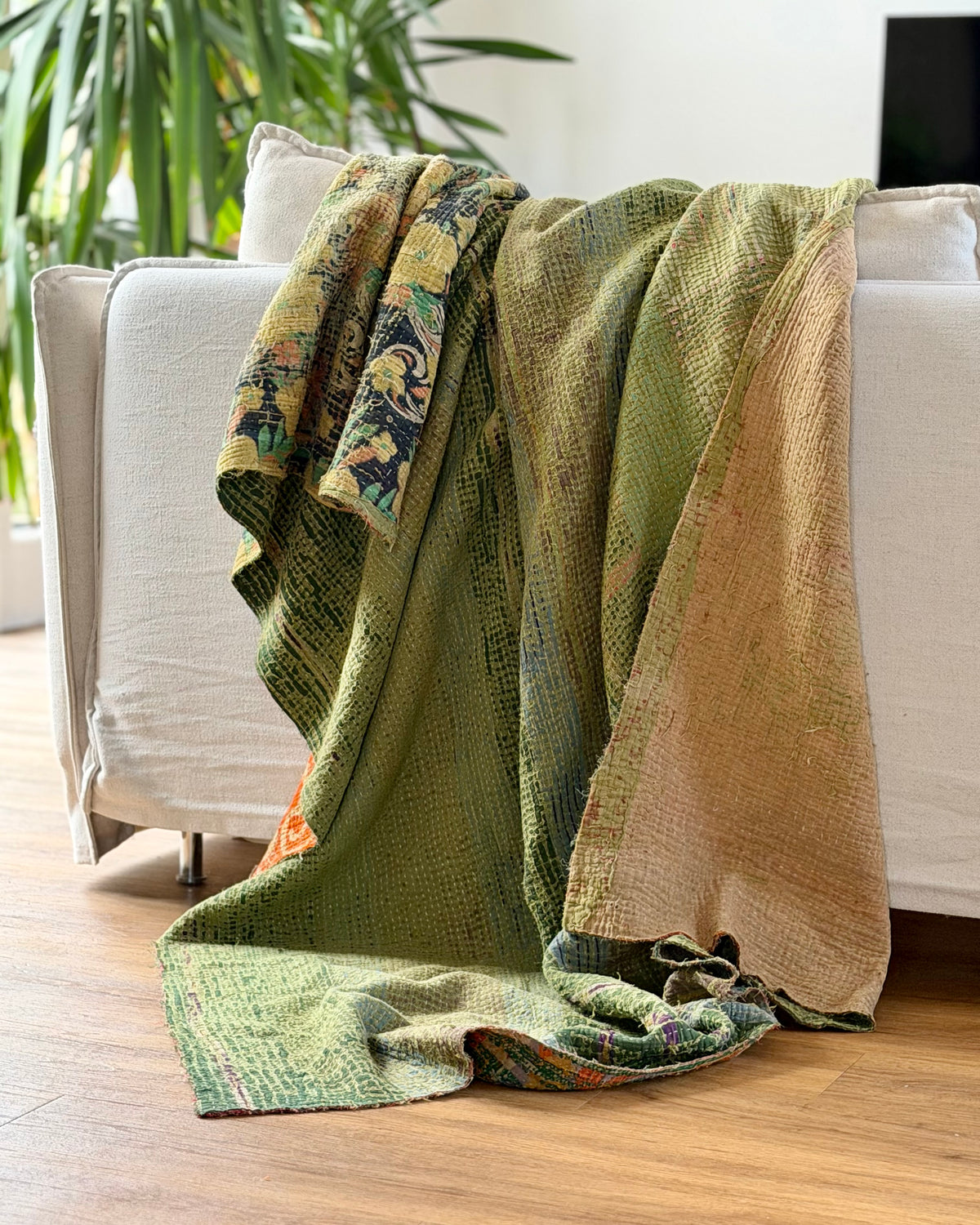 Large Textured Vintage Kantha Quilt In Green and Orange