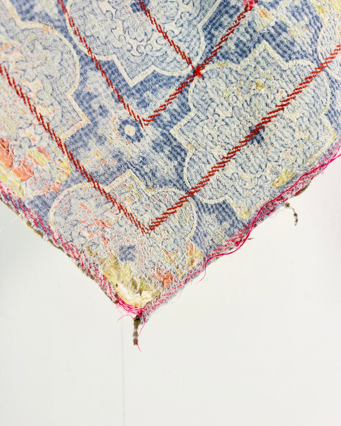 Project Kantha Quilt: Blue, Yellow and Green With Authentic Aged Texture