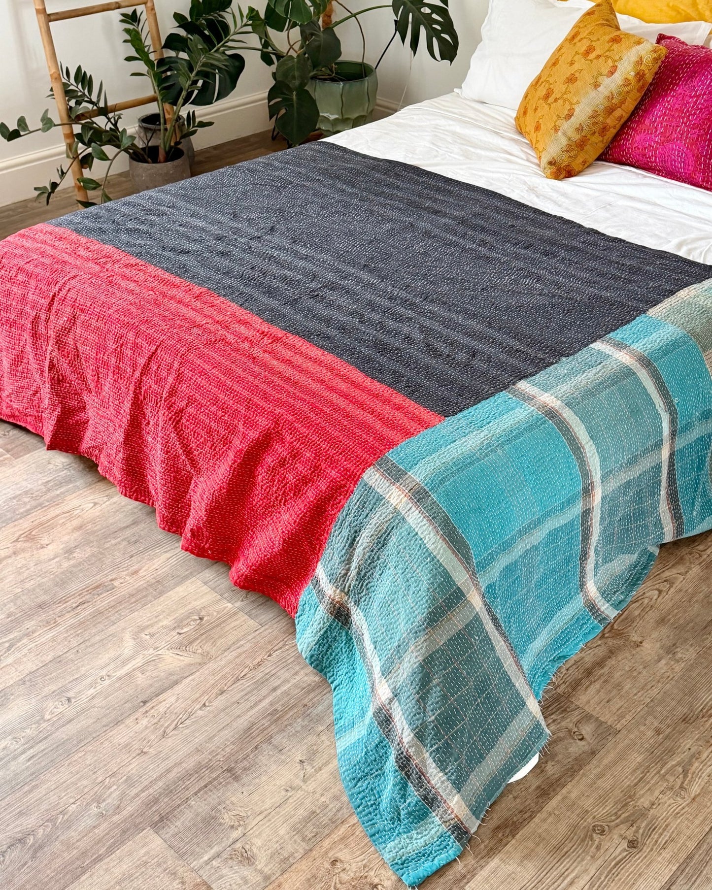 Large Fine Stitched Vintage Kantha Quilt in Pink, Turquoise and Yellow - Biggs & Hill