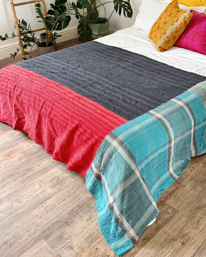 Large Fine Stitched Vintage Kantha Quilt in Pink, Turquoise and Yellow - Biggs & Hill