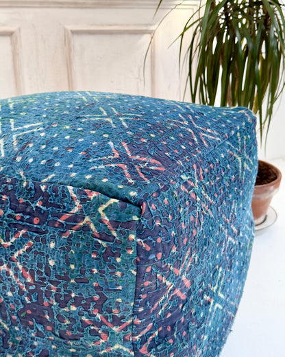 Cube Kantha Pouf Cushion Cover With Indigo Block Print