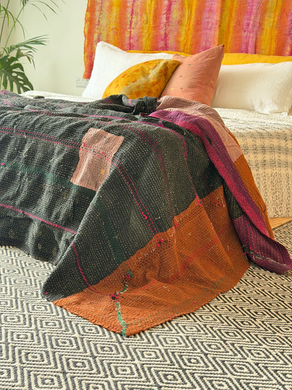 Extra Large Fine Stitched Embroidered Vintage Kantha Quilt in Pink and Brown - [studio pictures] - Biggs & Hill