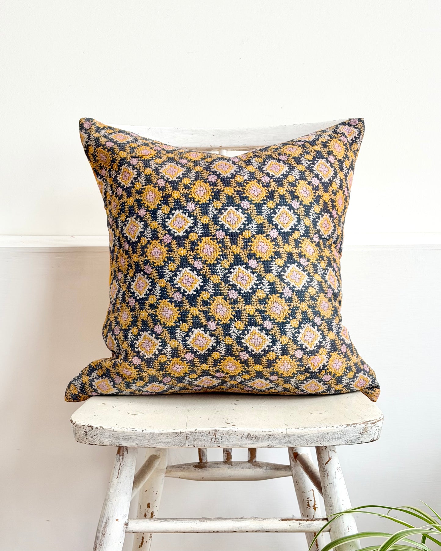 Vintage Kantha Cushion In Yellow and Blue - 45cm Square