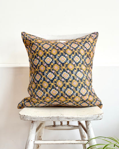 Vintage Kantha Cushion In Yellow and Blue - 45cm Square