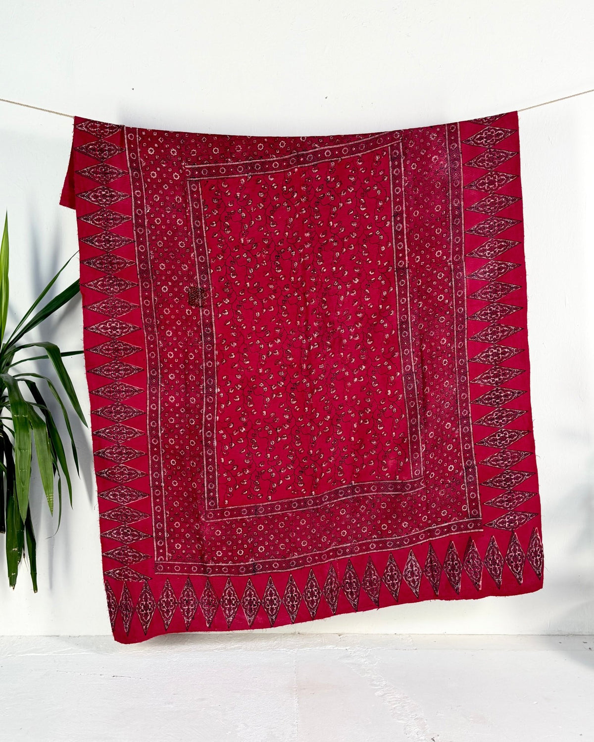 Ajrakh Printed Vintage Kantha Quilt in Deep Red - Biggs & Hill