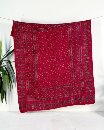 Ajrakh Printed Vintage Kantha Quilt in Deep Red - Biggs & Hill