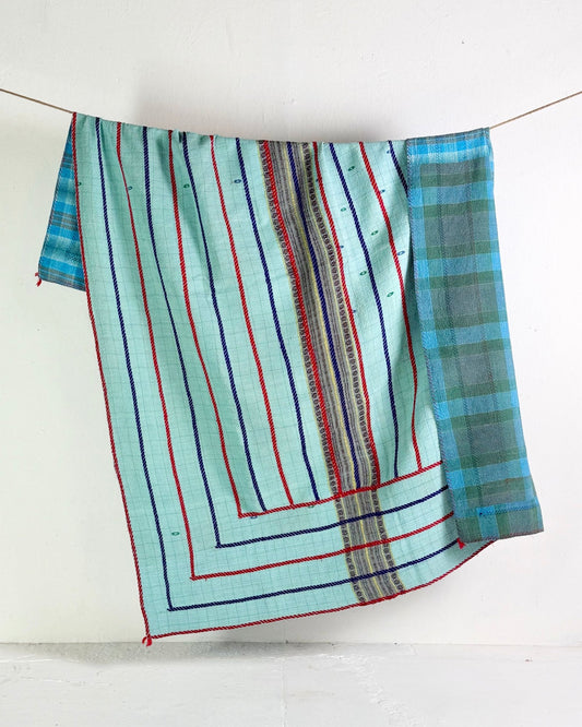 Large Fine Stitched Embroidered Vintage Kantha Quilt in Bahama Blue - Biggs & Hill