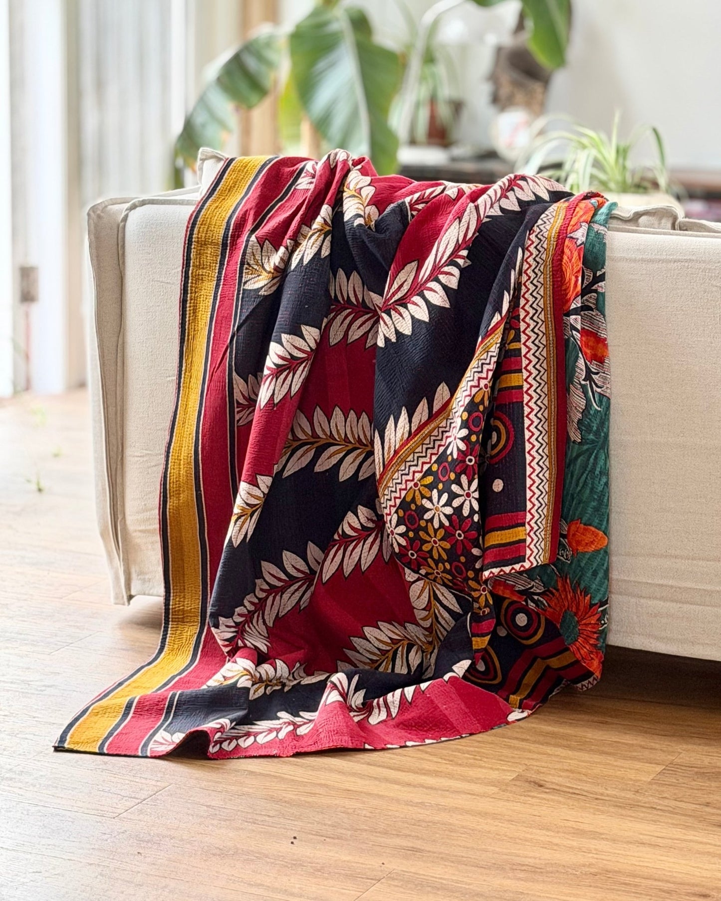 Extra Large Fine Stitched Vintage Kantha Quilt in Red, Navy and Green - Biggs & Hill