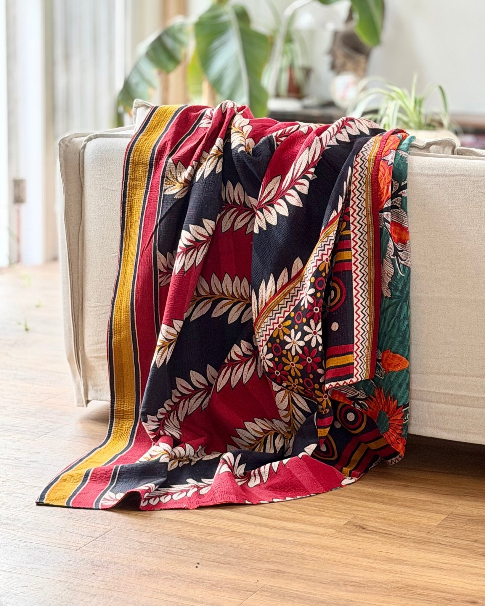 Extra Large Fine Stitched Vintage Kantha Quilt in Red, Navy and Green - Biggs & Hill