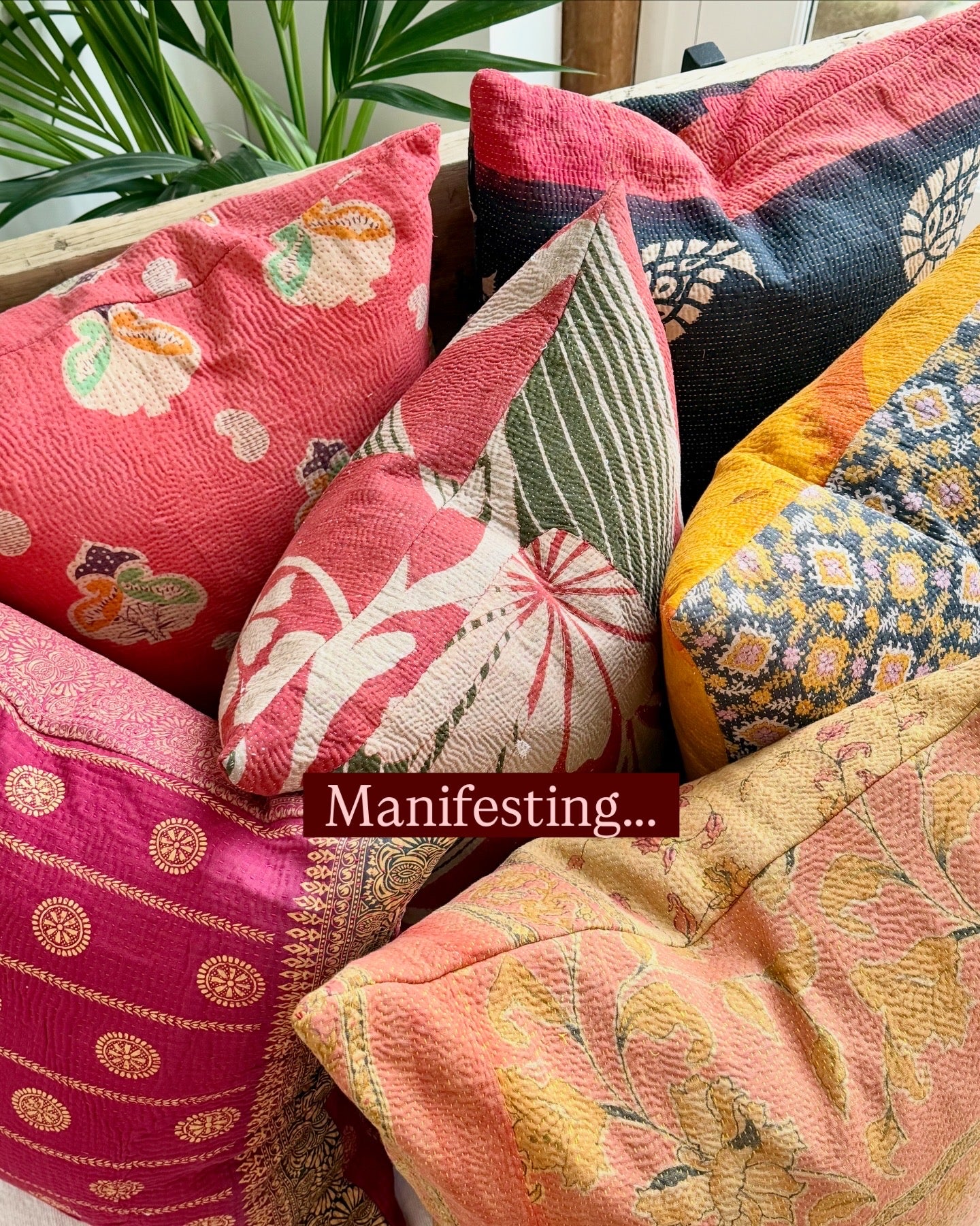 Vintage Kantha Cushion In Burgundy and Gold Dots - 45cm Square