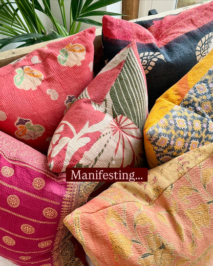 Vintage Kantha Cushion In Burgundy and Gold Dots - 45cm Square