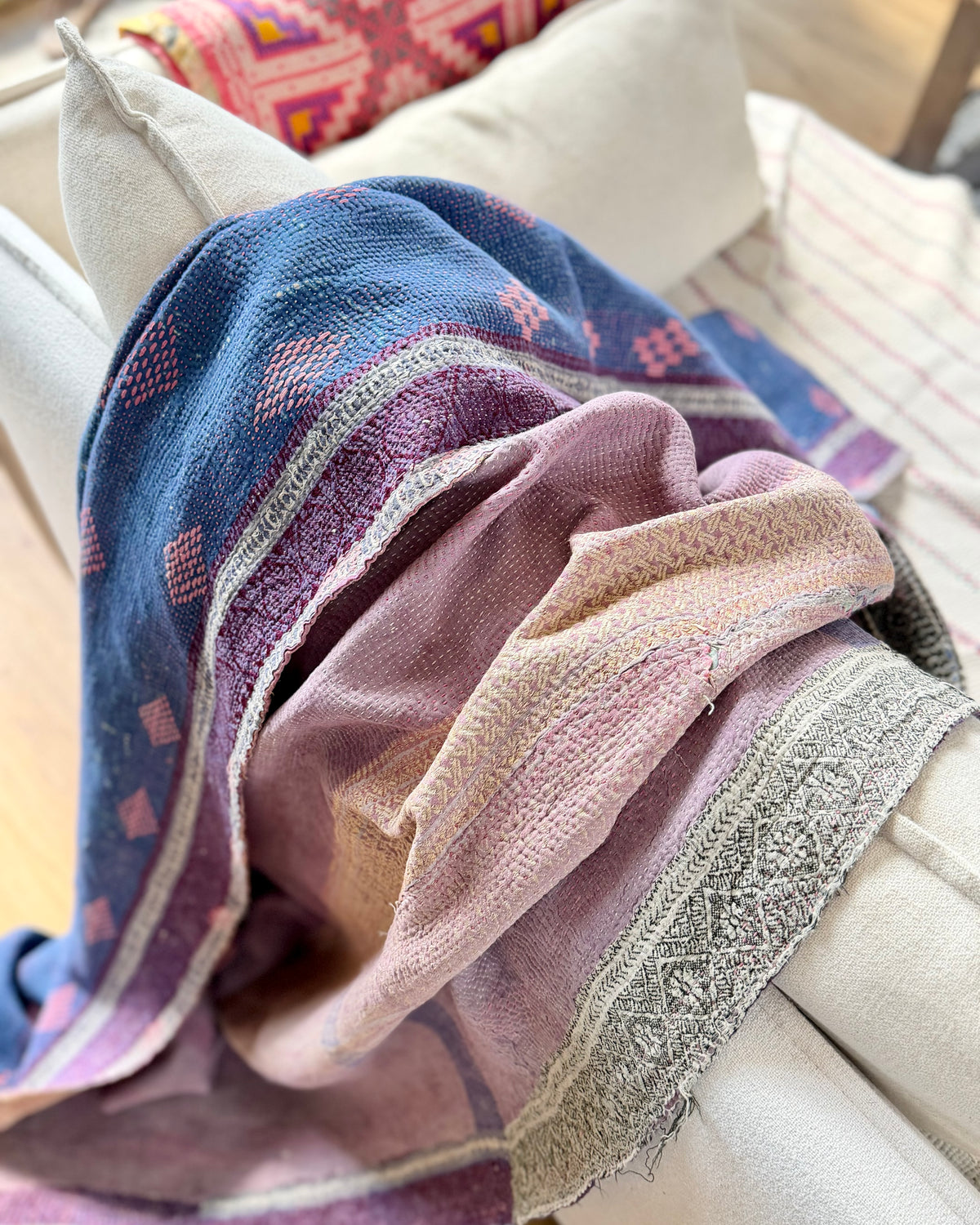 Heavy Fine Stitched Embroidered Vintage Kantha Quilt in Blue and Pink