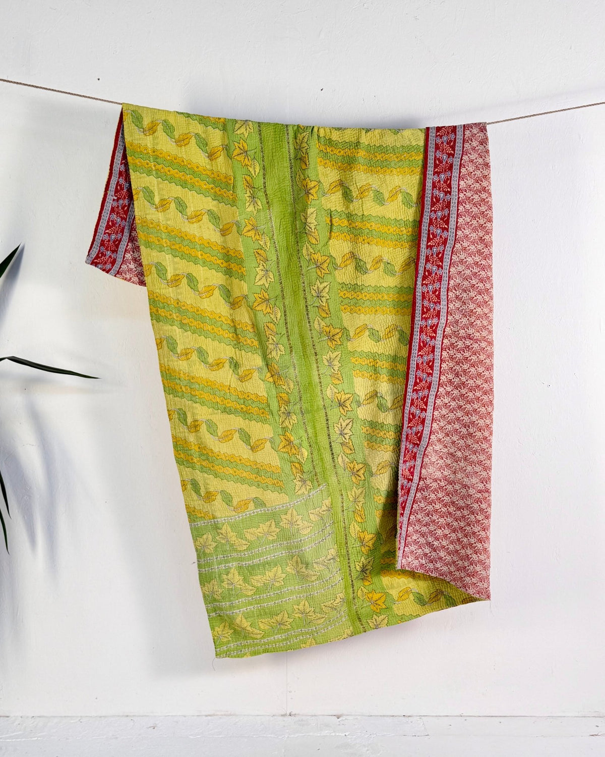 Large Fine Stitched Vintage Kantha Quilt in Bright Green and Red Floral - Biggs & Hill