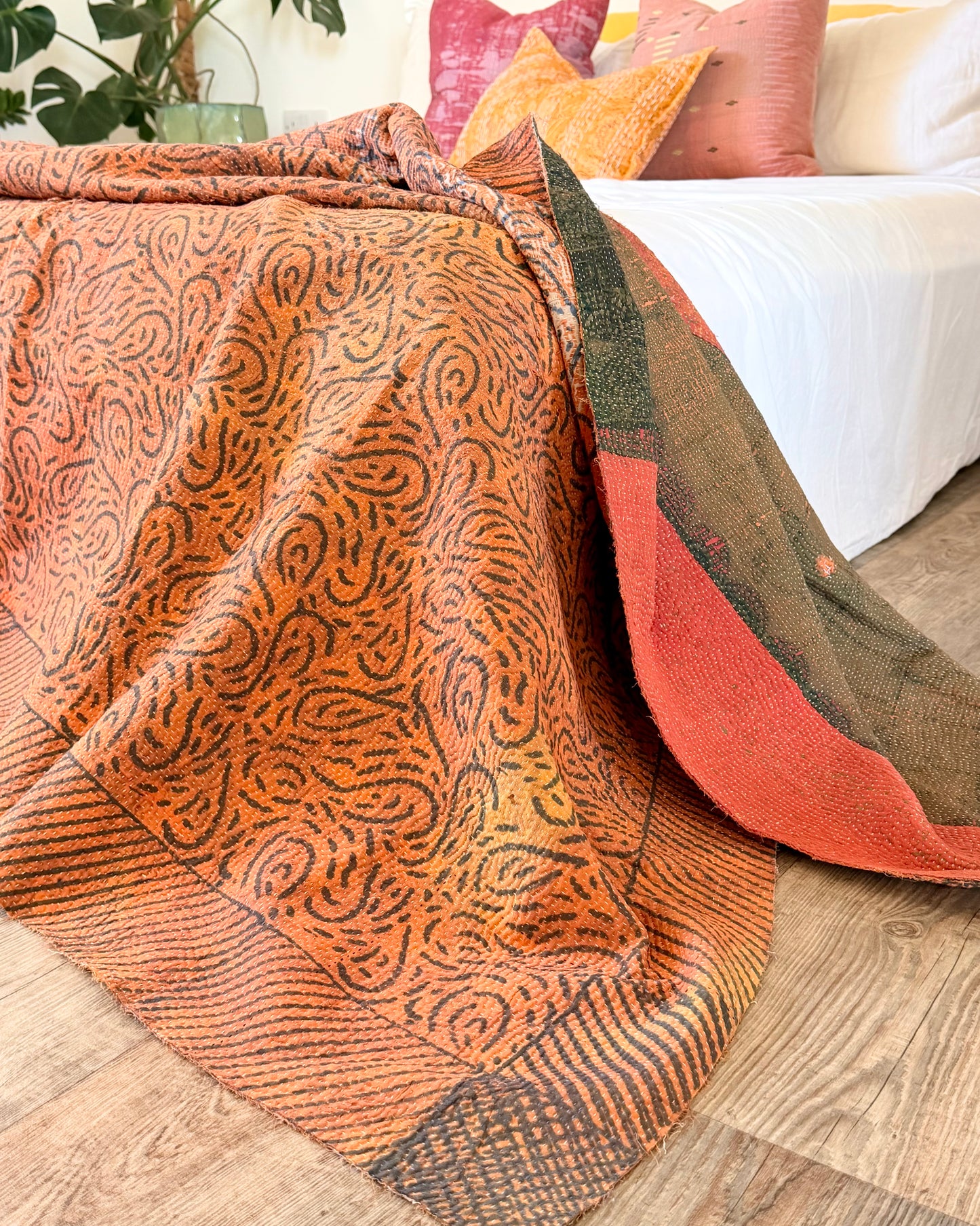Ajrakh Printed Vintage Kantha Quilt In Orange And Green