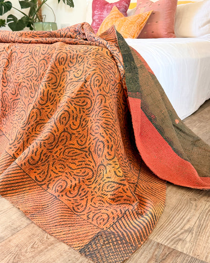 Ajrakh Printed Vintage Kantha Quilt In Orange And Green