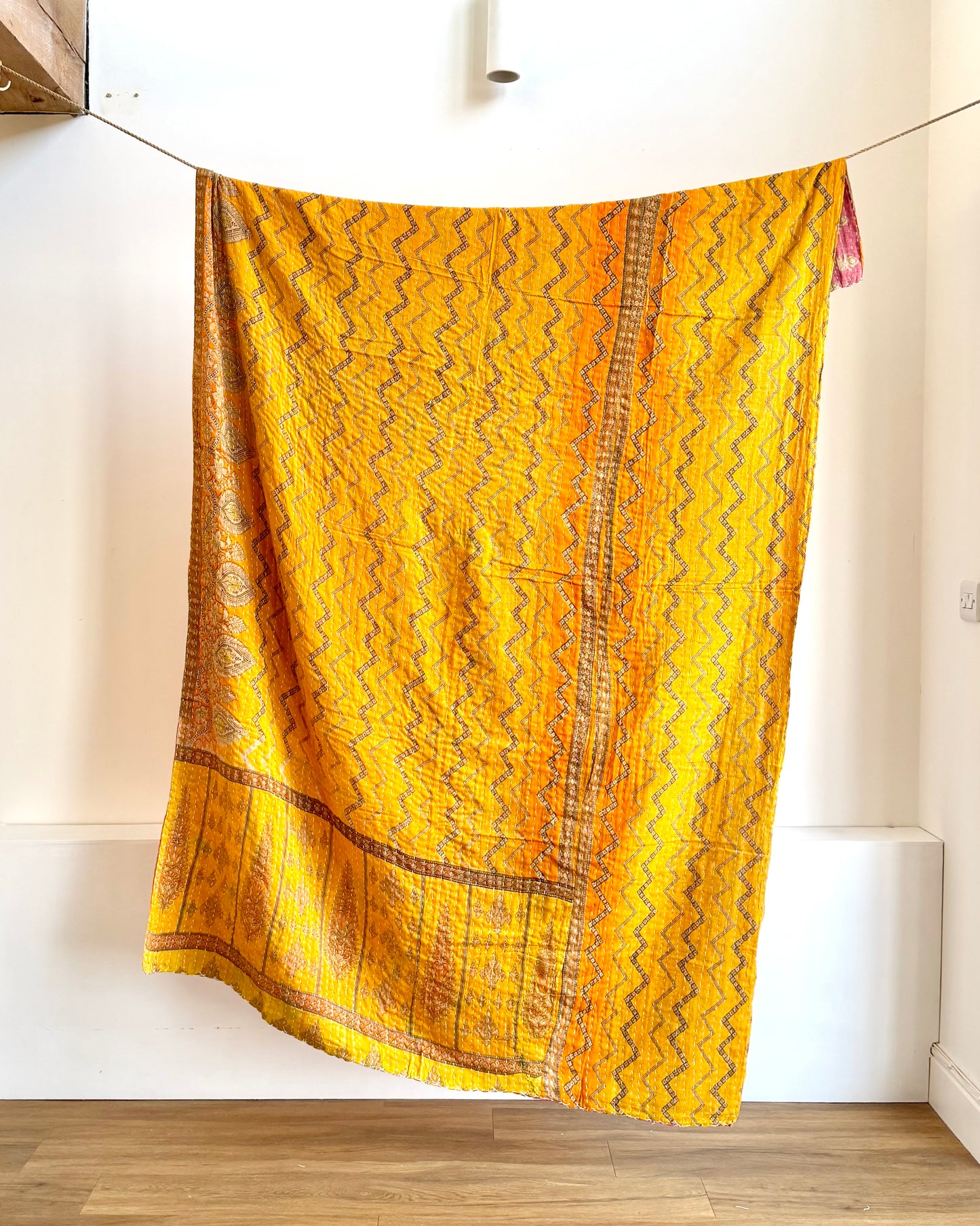 Vintage Cotton Kantha Quilt In Yellow and Red #43