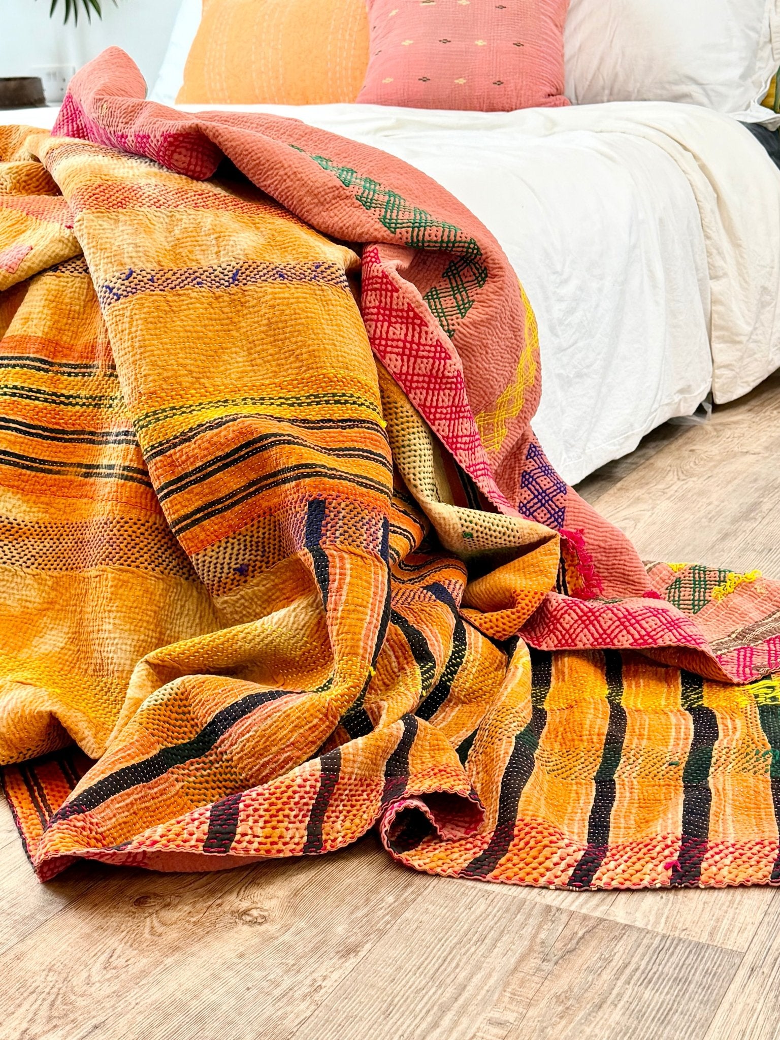 Large Embroidered Vintage Kantha Quilt in Pink and Orange - Biggs & Hill