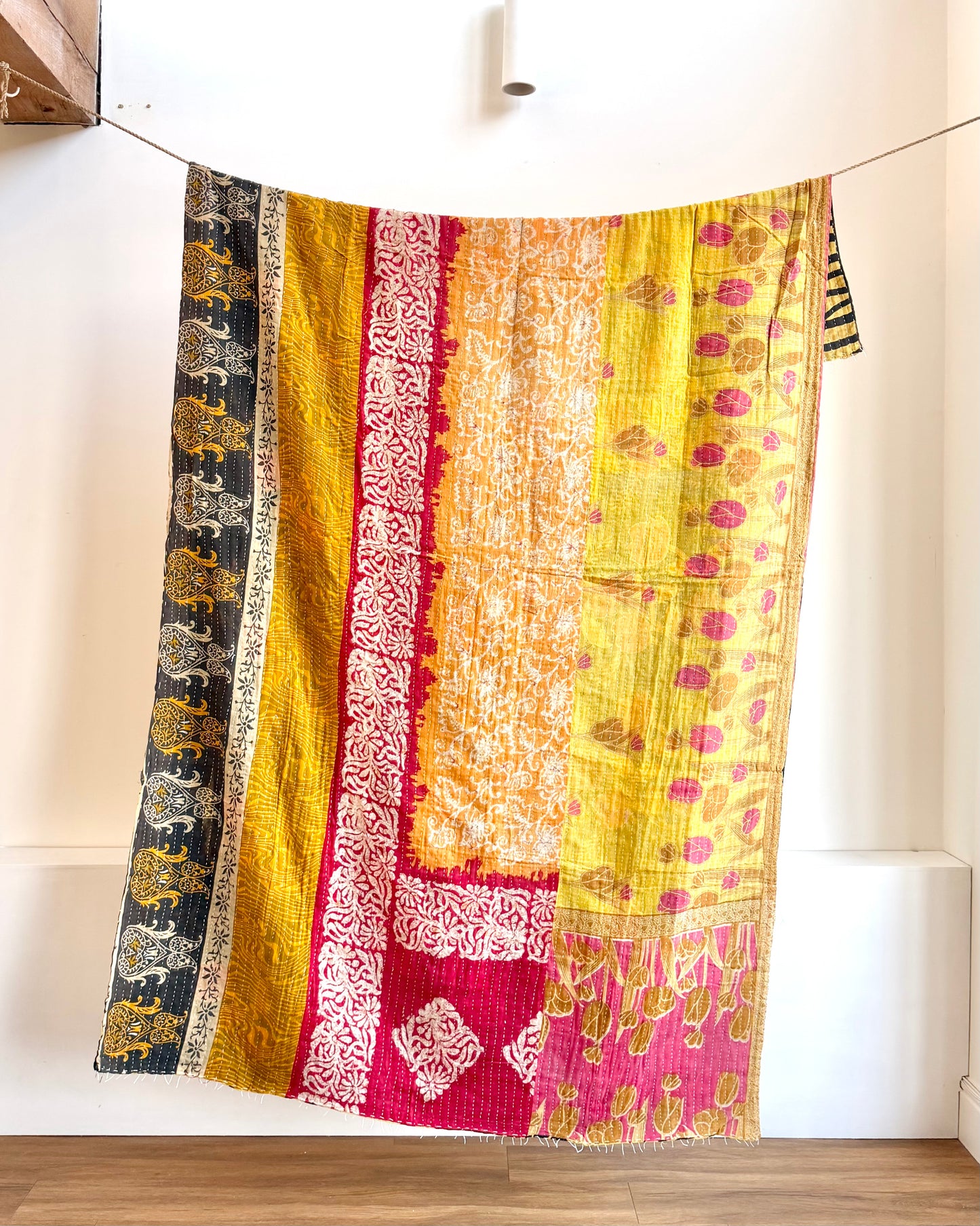 Vintage Cotton Kantha Quilt In Green And Yellow #38