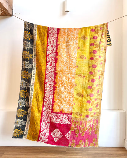 Vintage Cotton Kantha Quilt In Green And Yellow #38