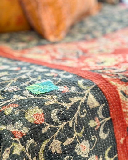 Hand Block Printed Fine Stitched Vintage Kantha Quilt In Muted Blue-Green and Orange