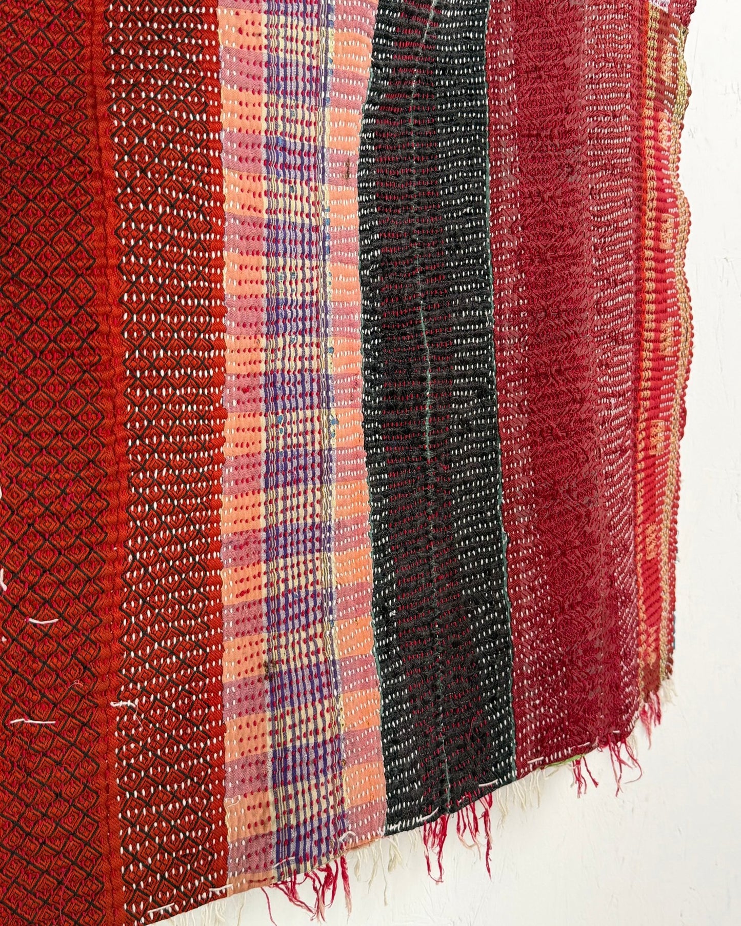 Heavy Kantha Blanket Quilt With Red Stripes And Green Back - Biggs & Hill