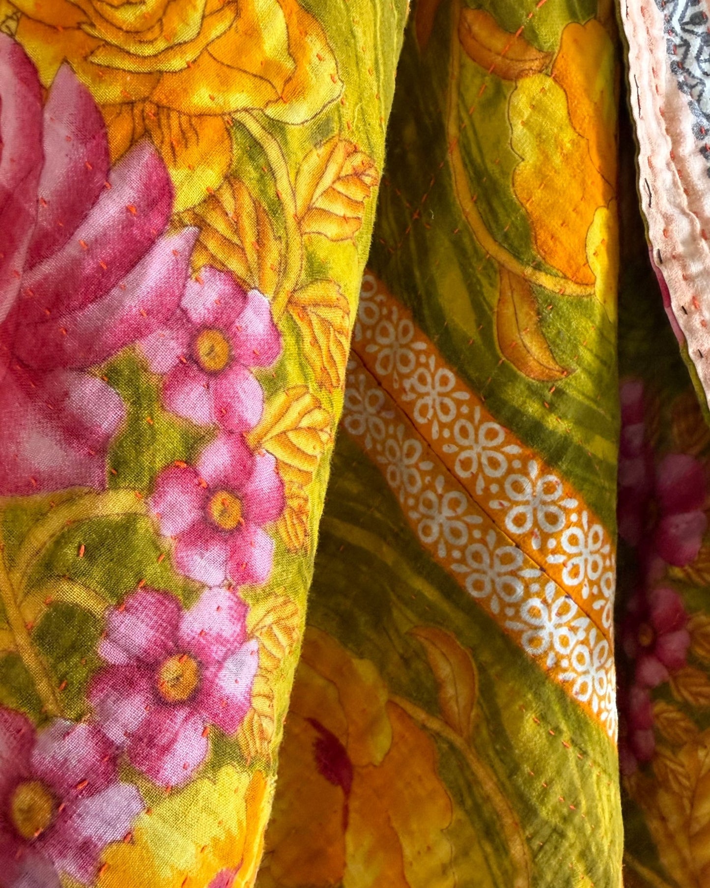 Large Fine Stitched Vintage Kantha Quilt in Bold Pink and Yellow Floral - Biggs & Hill