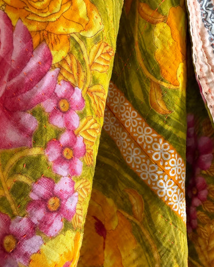 Large Fine Stitched Vintage Kantha Quilt in Bold Pink and Yellow Floral - Biggs & Hill